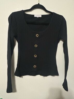 Full Circle Trends for show Button-Front Ribbed Long Sleeve Top - Black size Med